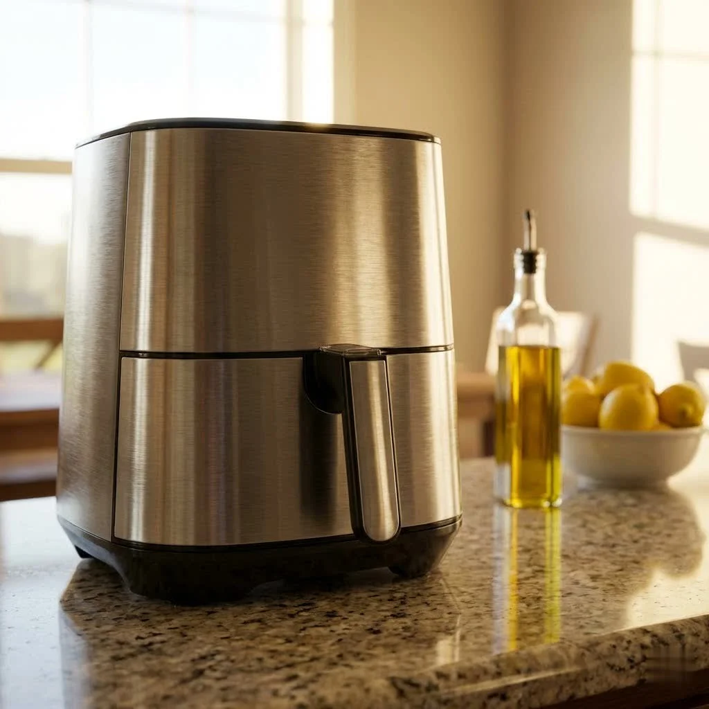 Air fryer with crispy food inside